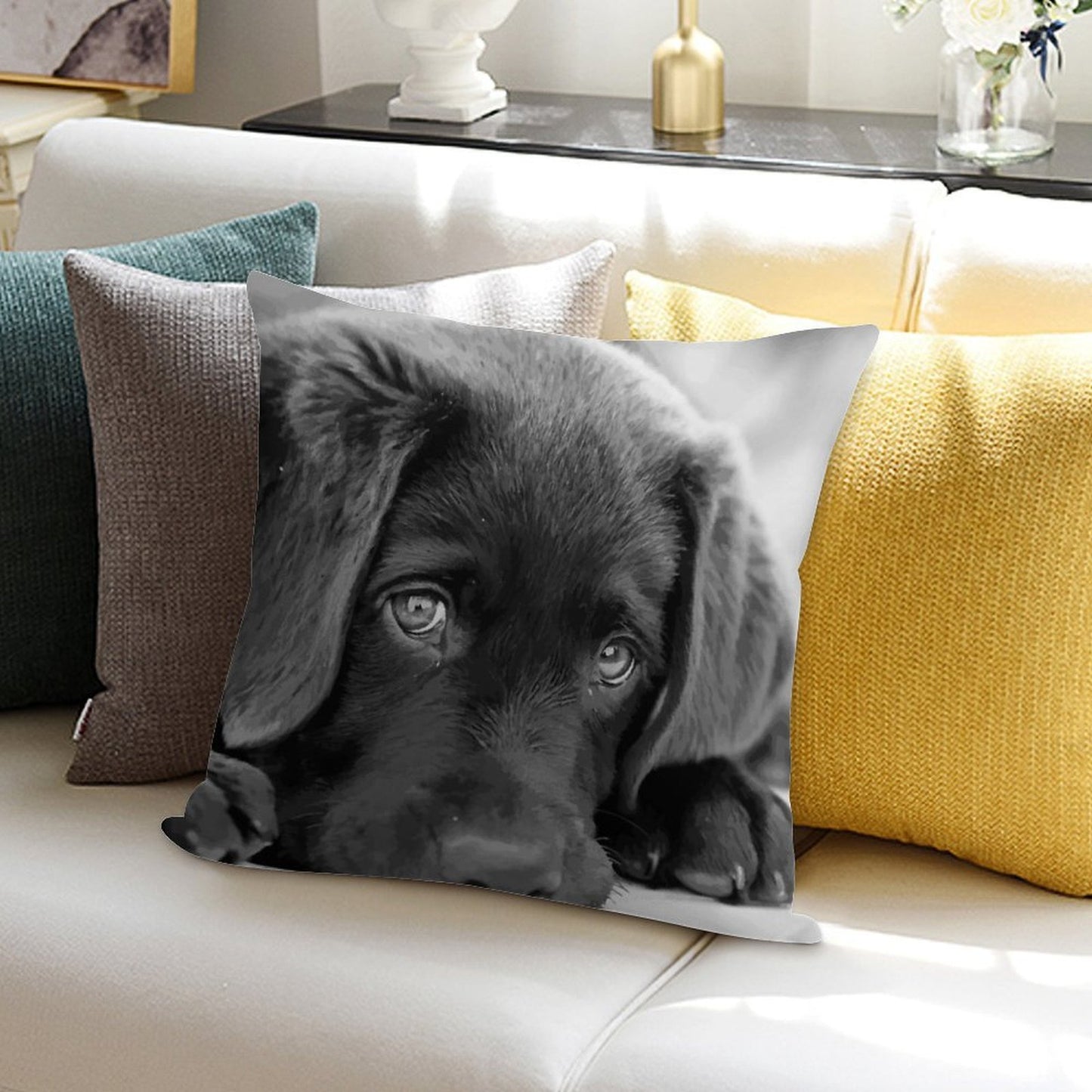 Black Lab Puppy - Chocolate Lab Puppy - Black & White Puppy Soft High-Density Material Throw Pillow