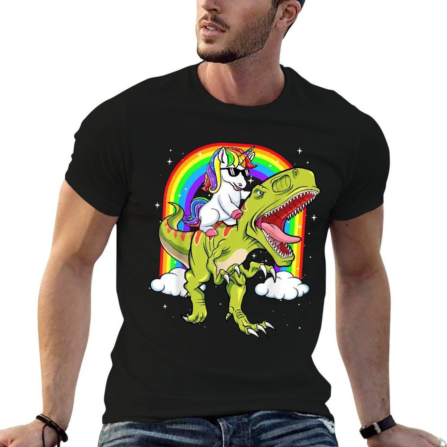Rainbow Unicorn Riding T Rex - Dinosaur Boys Girls Men Women  Eco-friendly Material T-Shirt