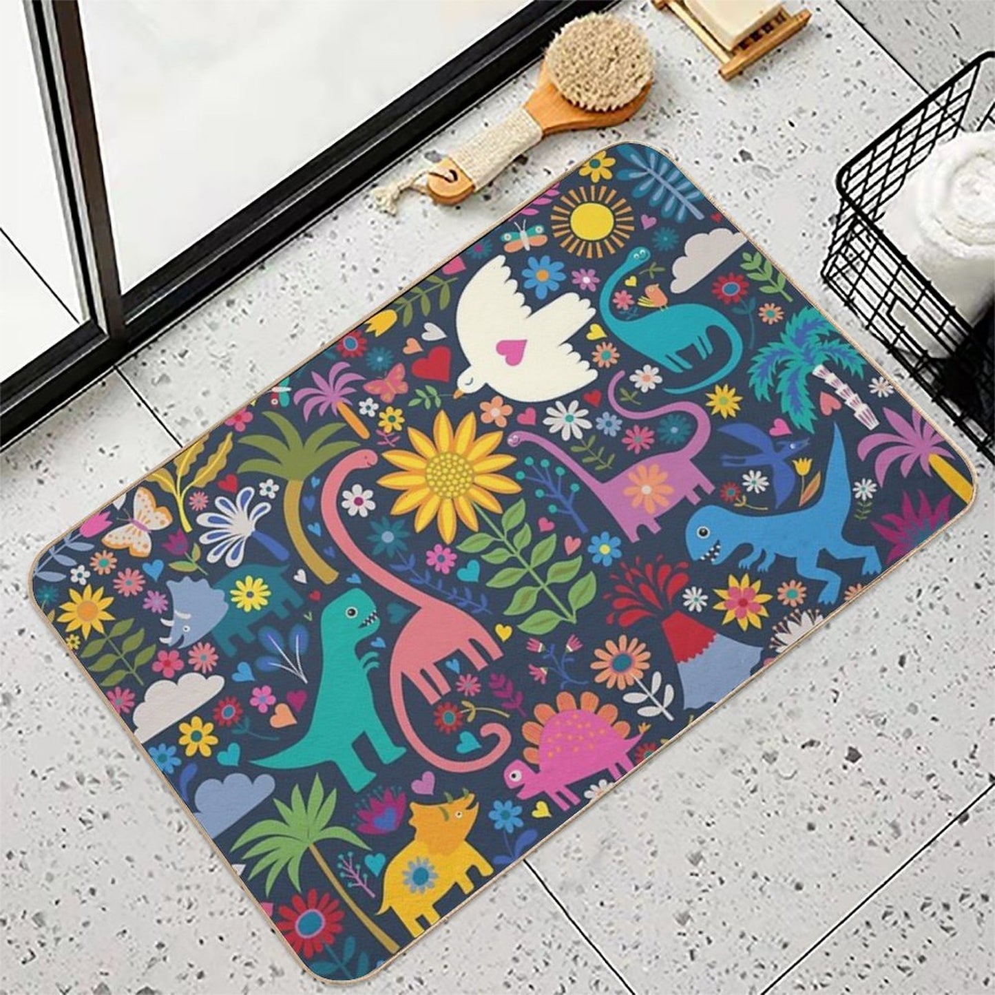Peace, Love And Dinosaurs - Cute Animal Pattern by Cecca Designs  Easy To Clean Bath Mat