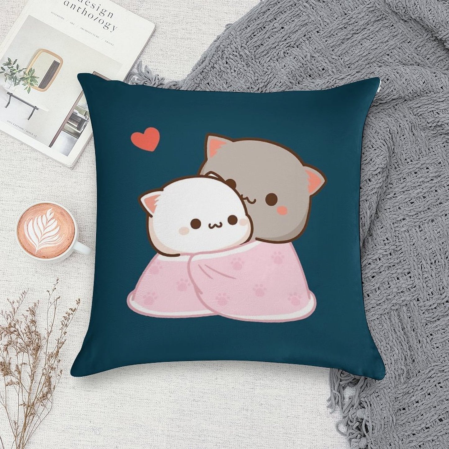 Peach And Goma Cuddling - Mochi Peach Cat Soft Hidden Zipper Throw Pillow