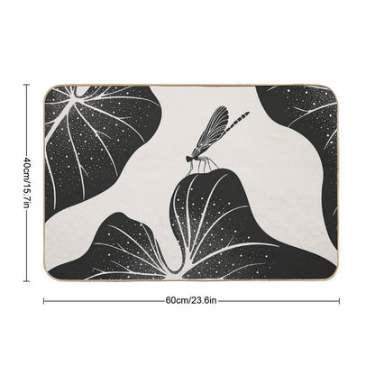 Dragonfly on Leaf with Water Drops, Minimalist Illustration  Easy Maintenance Bath Mat