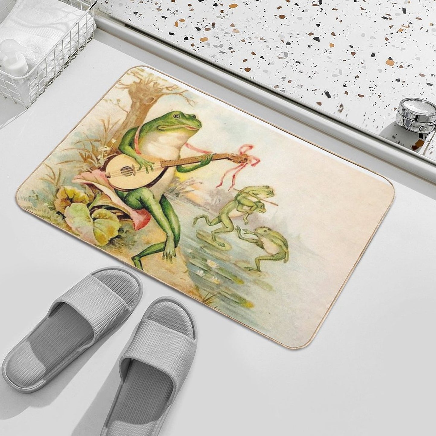 FROG STRUMMING  Vintage Abstract Entertainment Print  Rapid-Drying Bath Mat