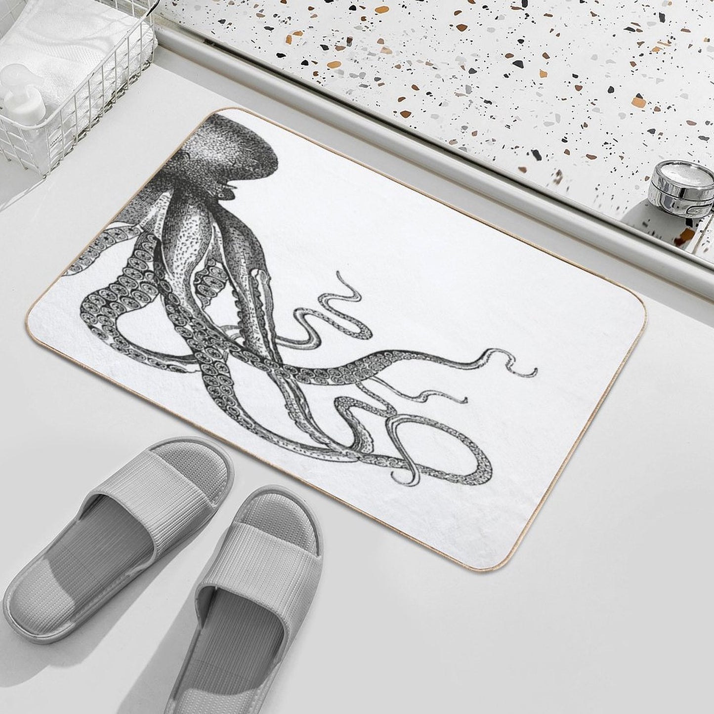 Half Octopus  Right Side  Vintage Octopus  Tentacles  Sea Creatures  Nautical  Ocean  Sea  Beach  Diptych  Black And W  Rapid-Drying Bath Mat