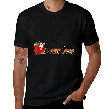 Tiger Santa Christmas Sleigh - Funny Tiger Xmas  Fade-proof Color T-Shirt