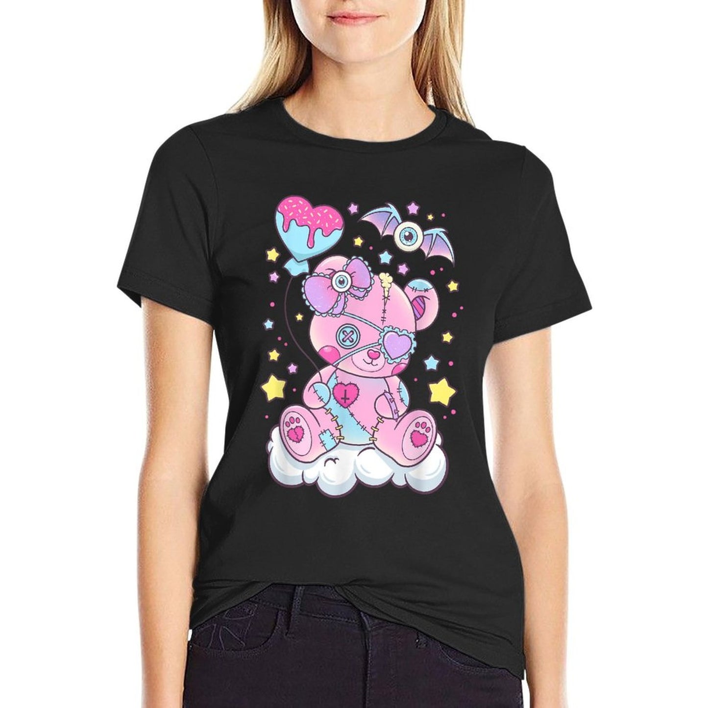 Kawaii Pastel Goth Cute Scary Bear  Rolled Sleeves T-Shirt