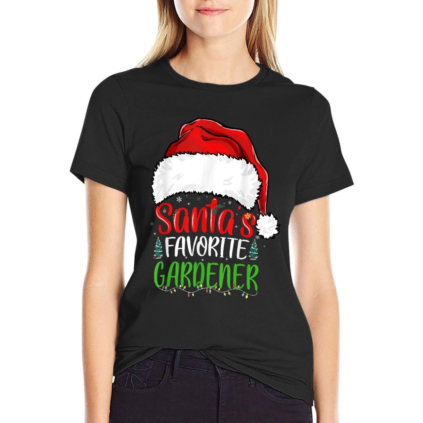 Santas Favorite Gardener Funny Christmas Gardening  Ribbed Collar T-Shirt