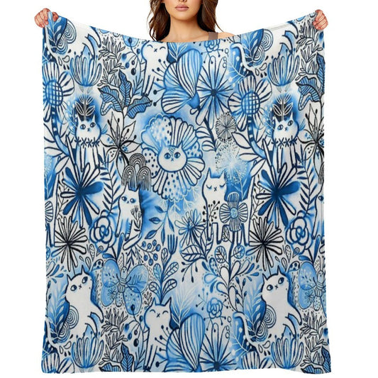 Watercolor Cats And Flowers Multi-functional Throw Blanket