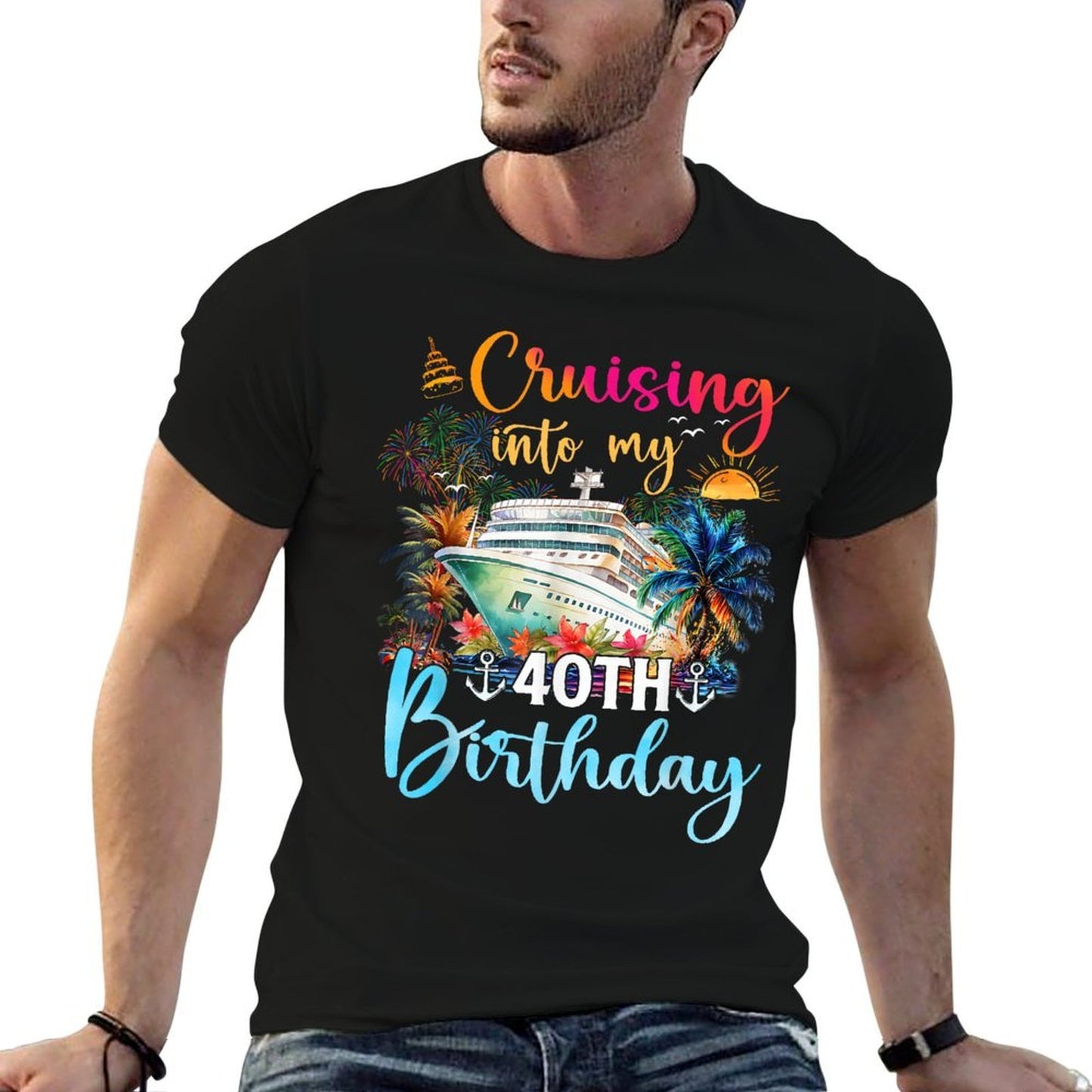 Cruising Into My 40Th Birthday Family Cruise 40 Birthday  Rolled Sleeves T-Shirt