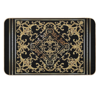 Greek Key Diamond Ornate Baroque Black Gold  Absorbent Bath Mat