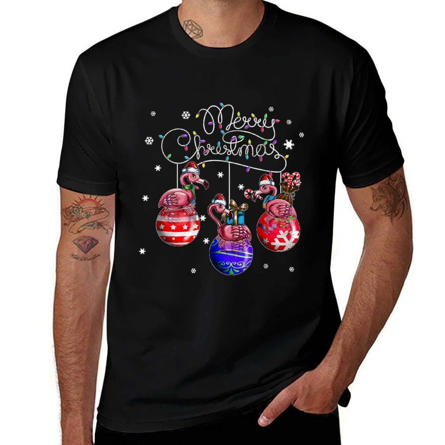 Merry Christmas Flamingo Christmas Ball Motif Christmas  Ribbed Collar T-Shirt