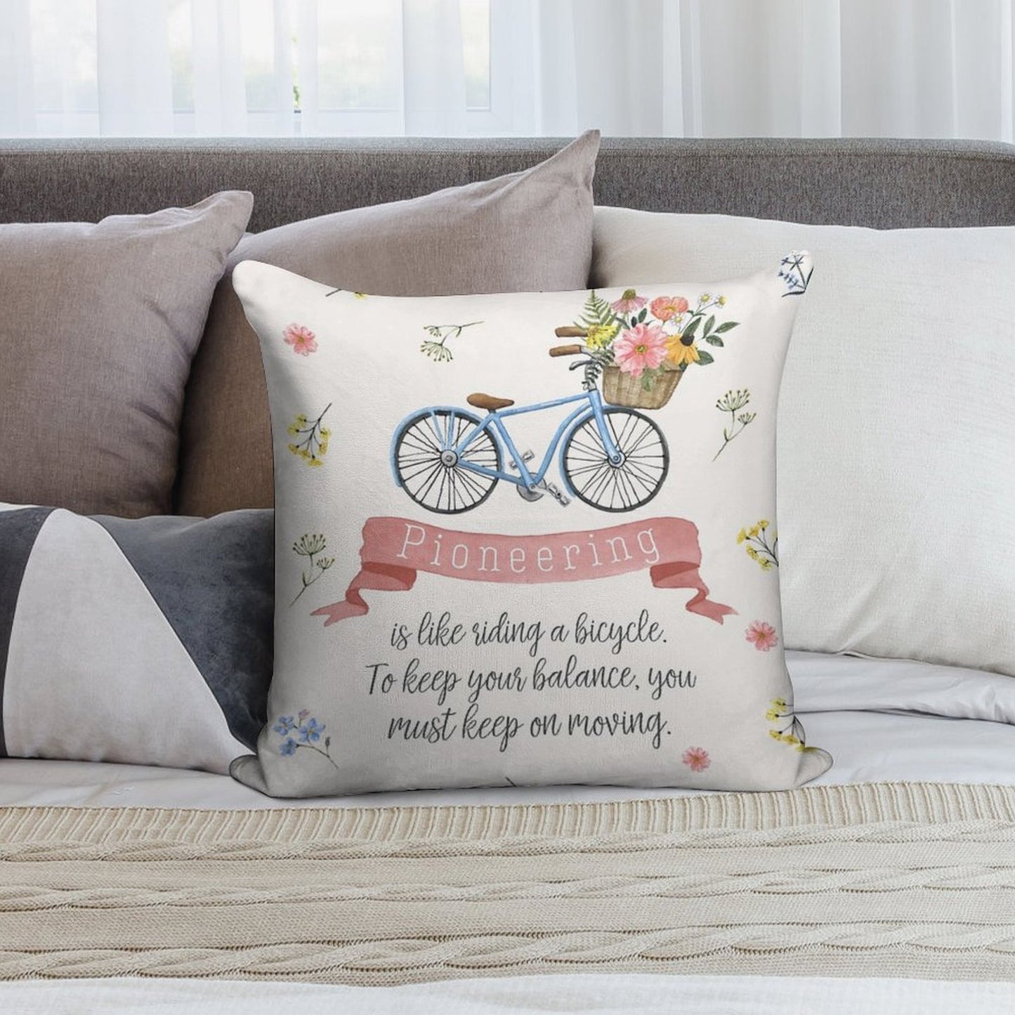 Pioneering Is Like Riding A Bicycle (Floral) Soft High-Density Material Throw Pillow