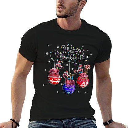 Merry Christmas Flamingo Christmas Ball Motif Christmas  Ribbed Collar T-Shirt