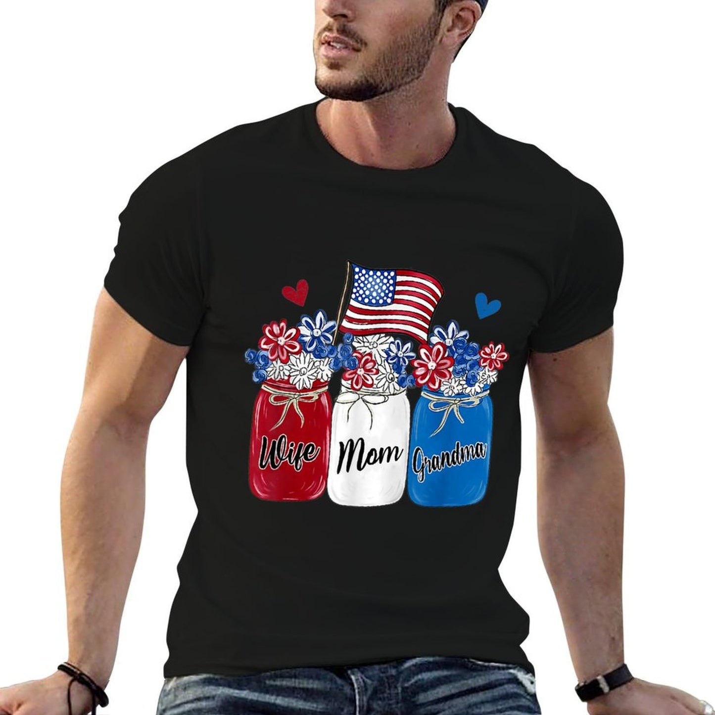 Womens Wife Mom Grandma Sunflower American 4th of July  Fade-proof Color T-Shirt