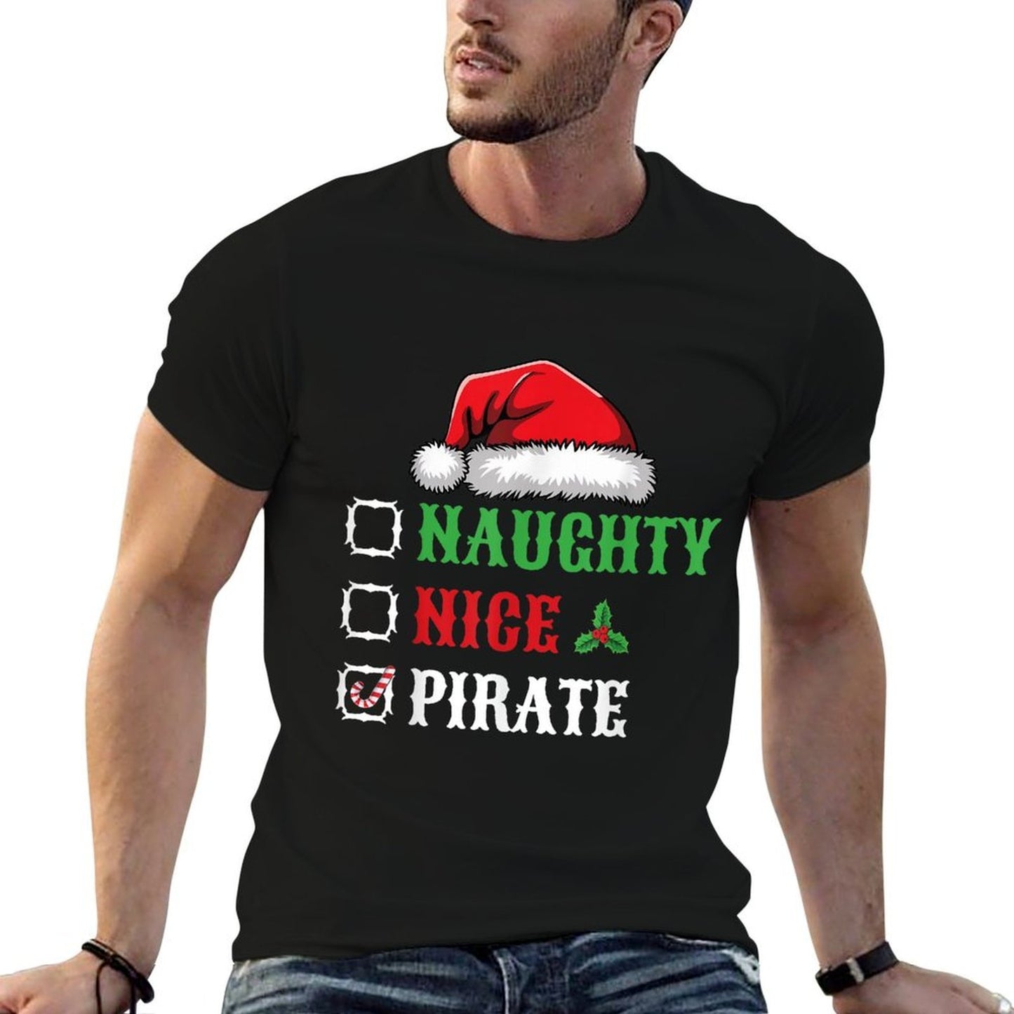 Naughty Nice Pirate Santa Hat Xmas Holiday Christmas Pirate  Quick-drying T-Shirt