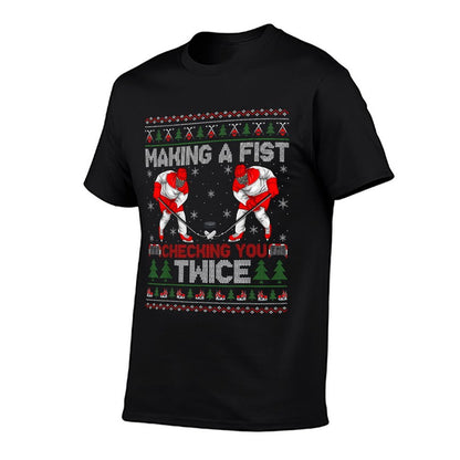 Making A Fist Checking You Twice Ugly Ice Hockey Christmas  Oversized Silhouette T-Shirt