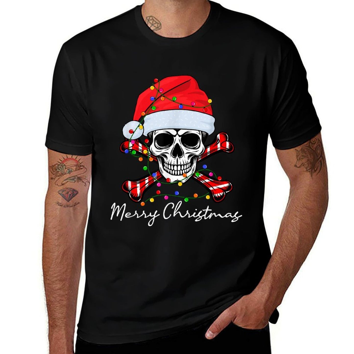 Funny Skull Skeleton Santa Hat Christmas Lights Men Women  Vintage-inspired T-Shirt