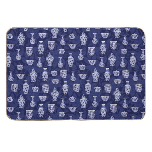 Blue And White Chinoiserie Delftware Pottery Pattern  Non-Slip Bath Mat
