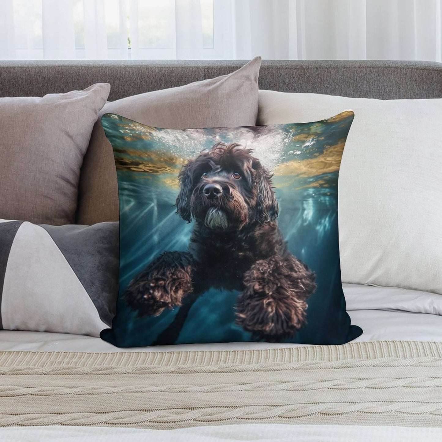 Portuguese Water Dog Swimming Under Water Soft Ultra-Soft Texture Throw Pillow