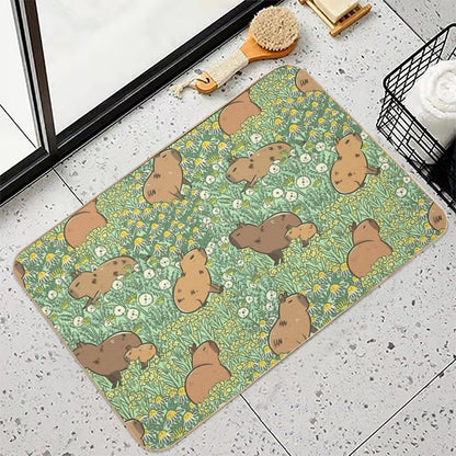 Capybaras Meadow in Green And Yellow  Non-Slip Bath Mat