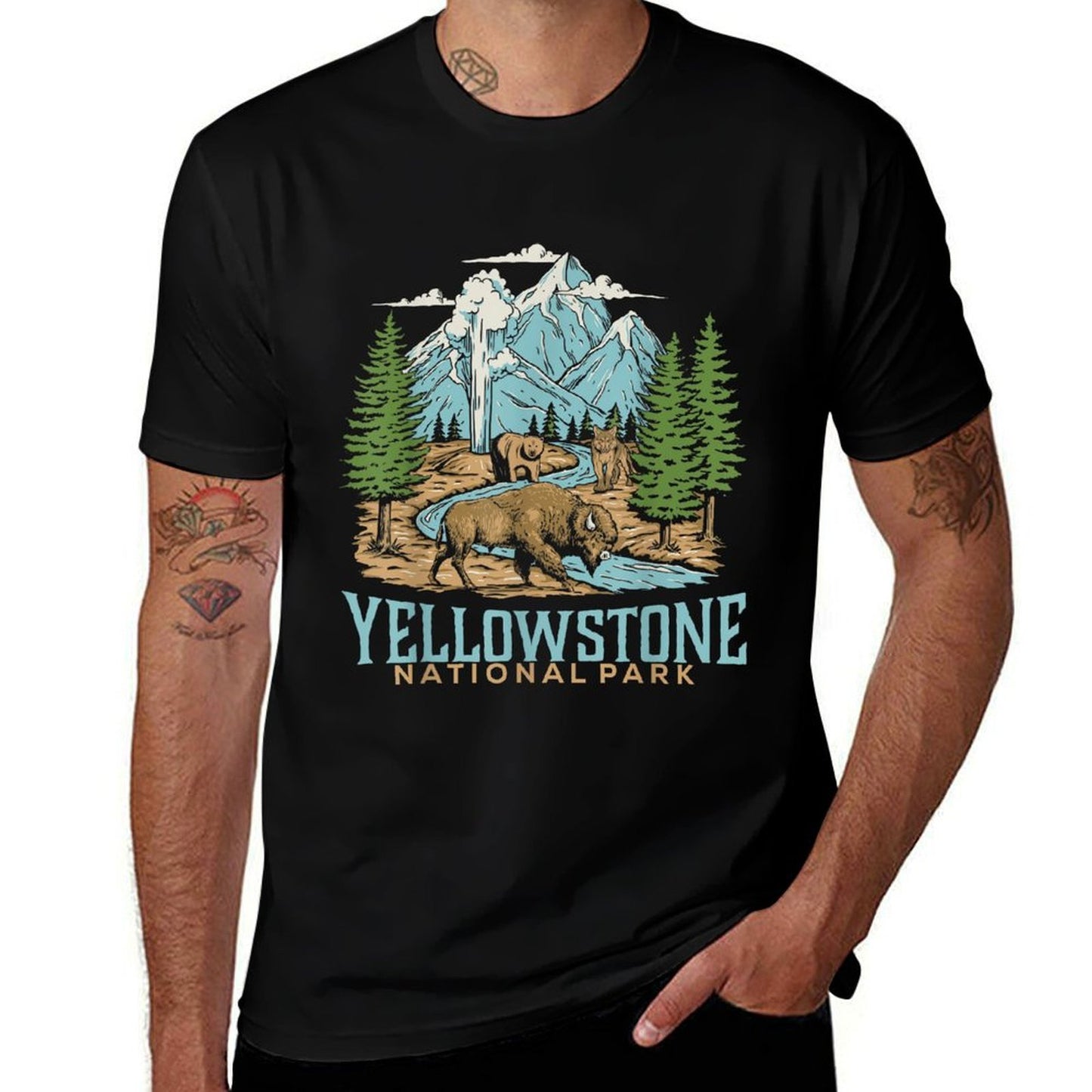 Yellowstone US National Park Wolf Bison Bear Vintage Gift  Soft T-Shirt