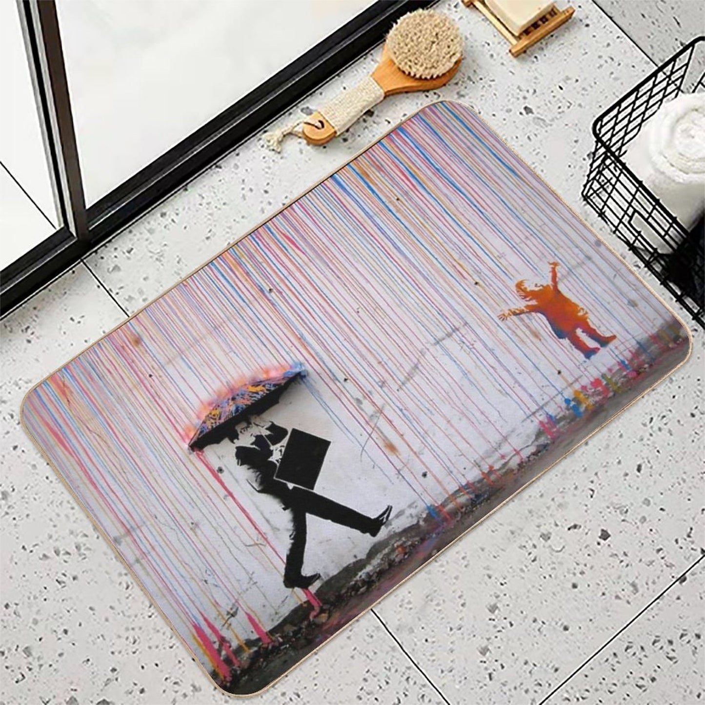Banksy Umbrella Rainbow Happy Girl  Anti-Trip Bath Mat
