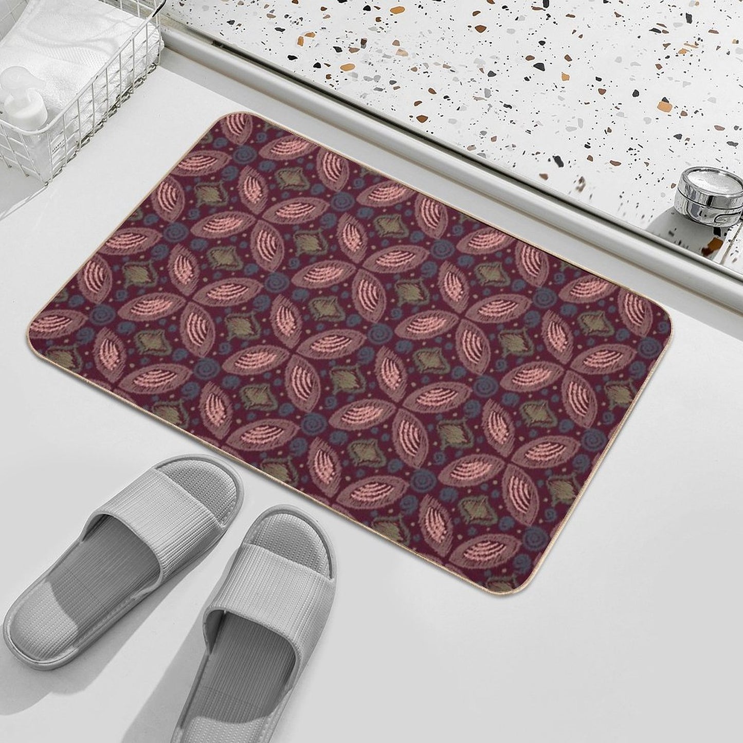 Textured Ikat Floral Swirl  Earth-Toned Abstract Ethnic Pattern  Rapid-Drying Bath Mat