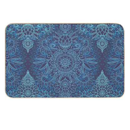 Aqua, Cobalt Blue & Purple Protea Doodle Pattern  Repositionable Bath Mat