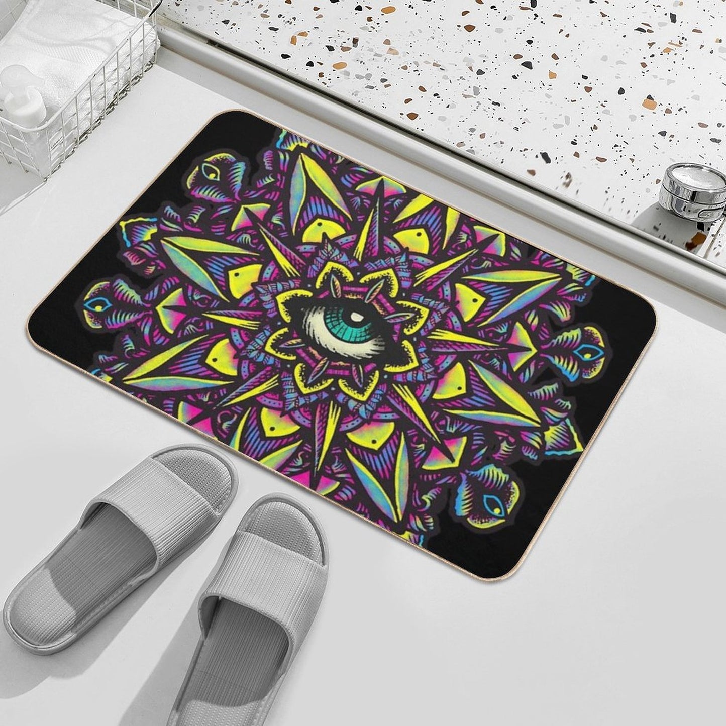 Dharma Wheel Neon Mandala Eye  Anti-Trip Bath Mat