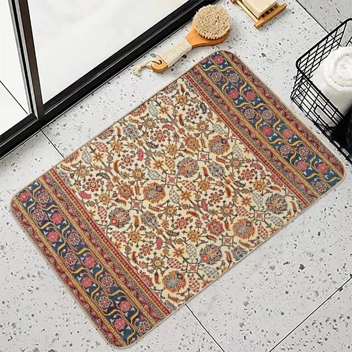Antique Indian Rug Floral Nature Pattern Print  Pet-Safe Bath Mat