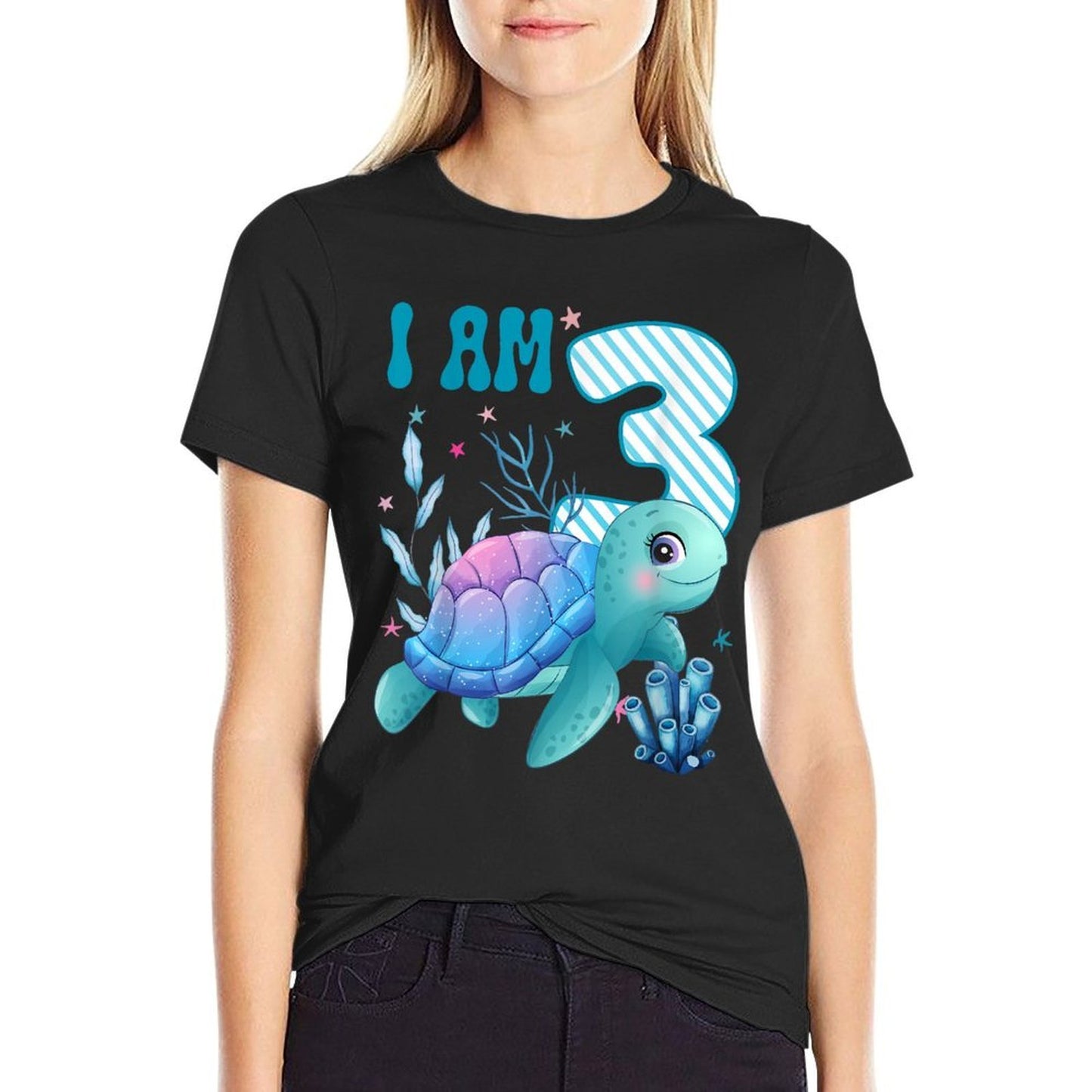 Kids I Am 3 Years Old 3rd Birthday Sea Turtles Boys Girls  Summer-ready Fabric T-Shirt