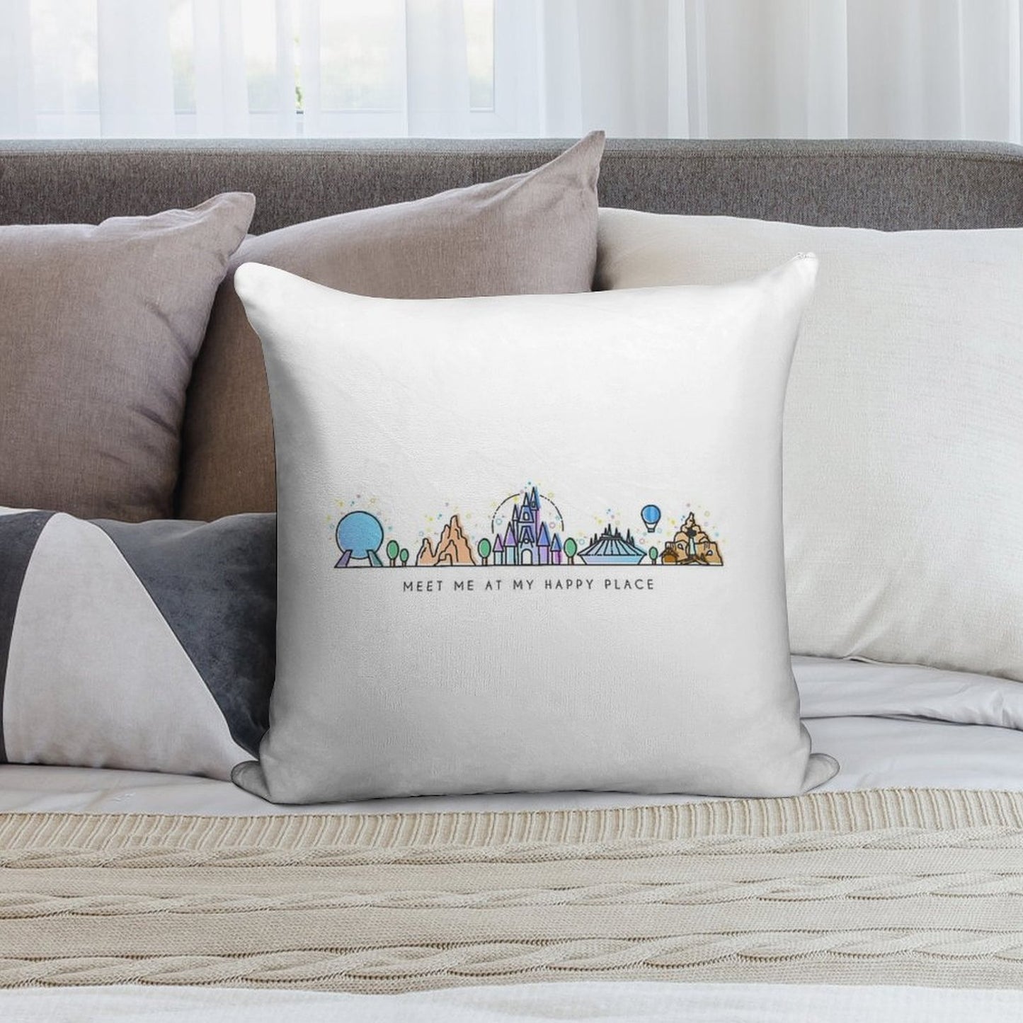 Meet Me at My Happy Place Vector Orlando Theme Park Illustration Design Soft Home Decor Throw Pillow