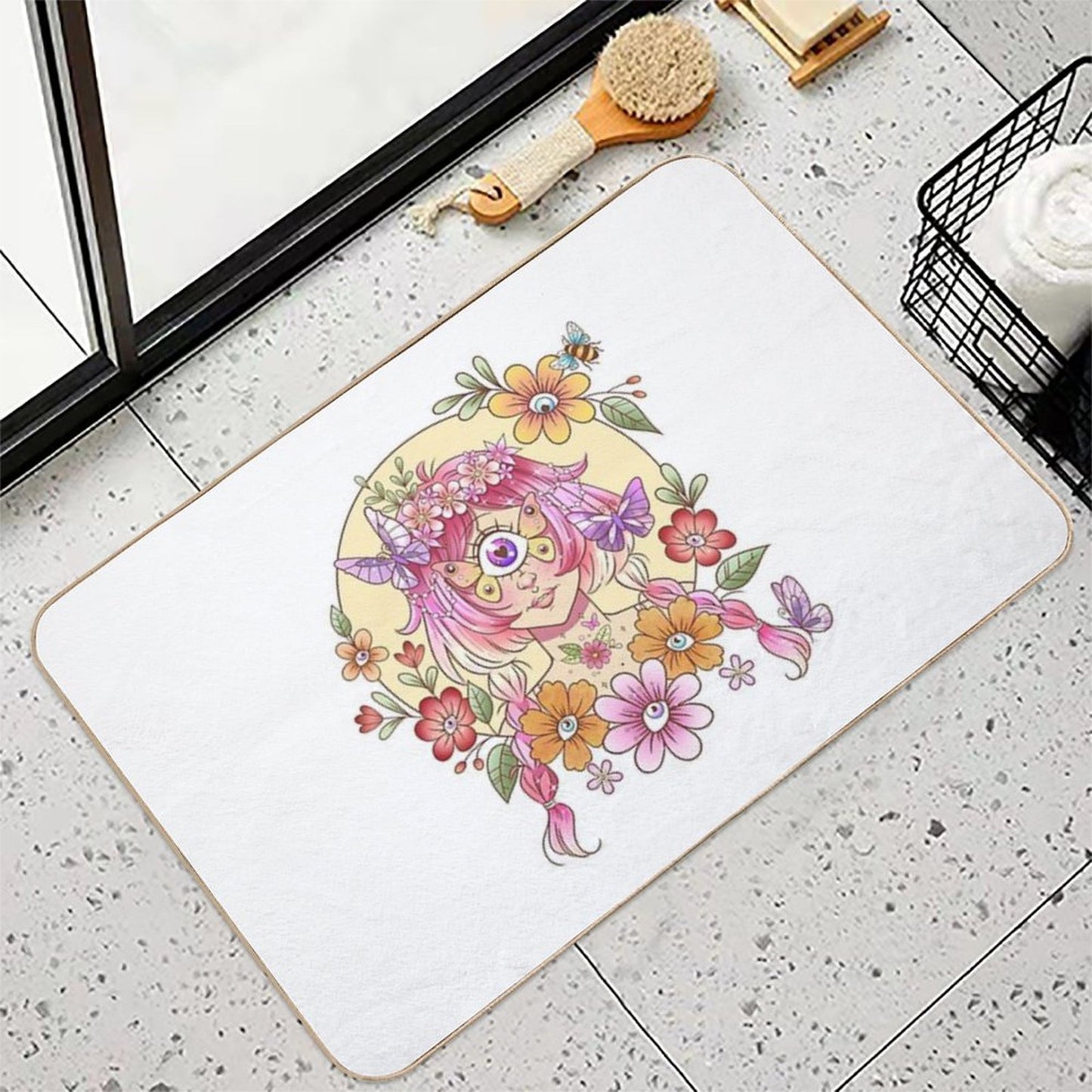 Cyclops Girl with Butterfly Eye Flowers  Absorbent Bath Mat