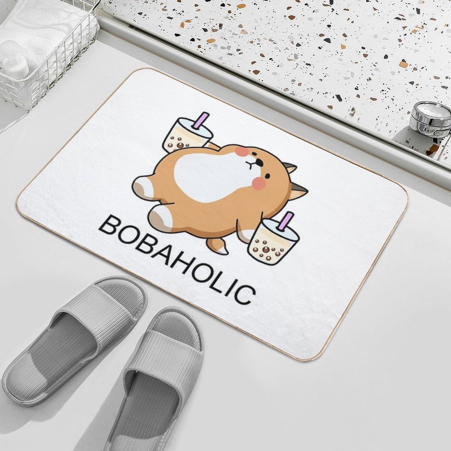 Lazy Bobaholic Shiba Loves Boba!  Stain-Proof Bath Mat