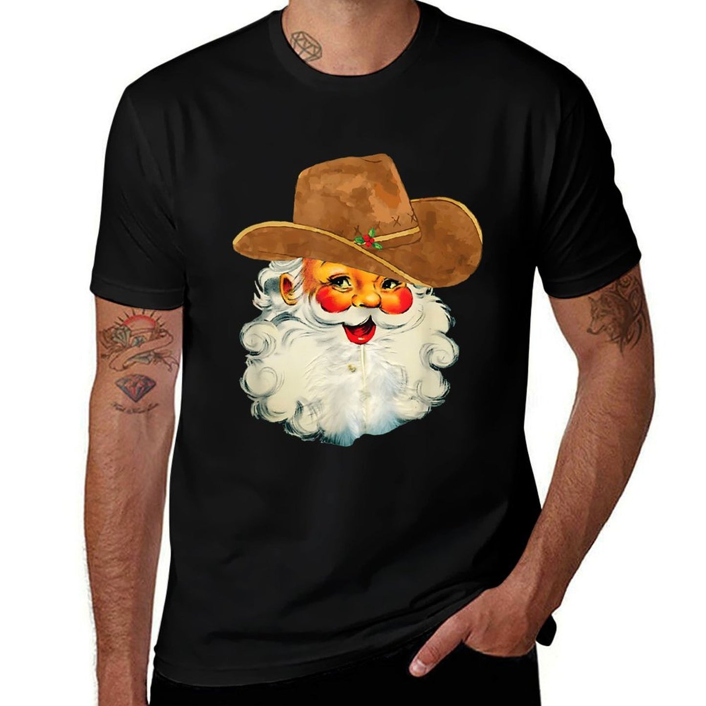 Santa Cowboy Western Christmas Xmas Holiday Pajamas  Ribbed Collar T-Shirt