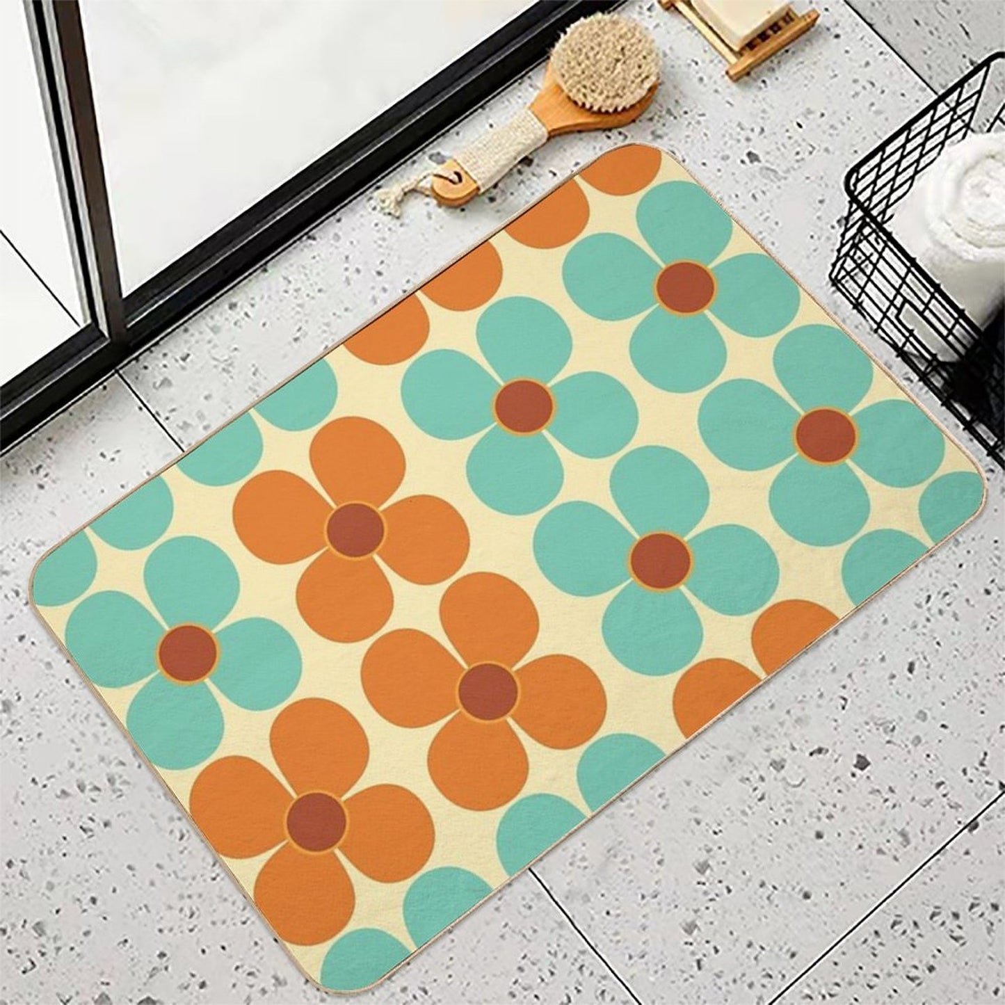 Retro Land Flower Power Orange And Blue  Fade-Resistant Bath Mat