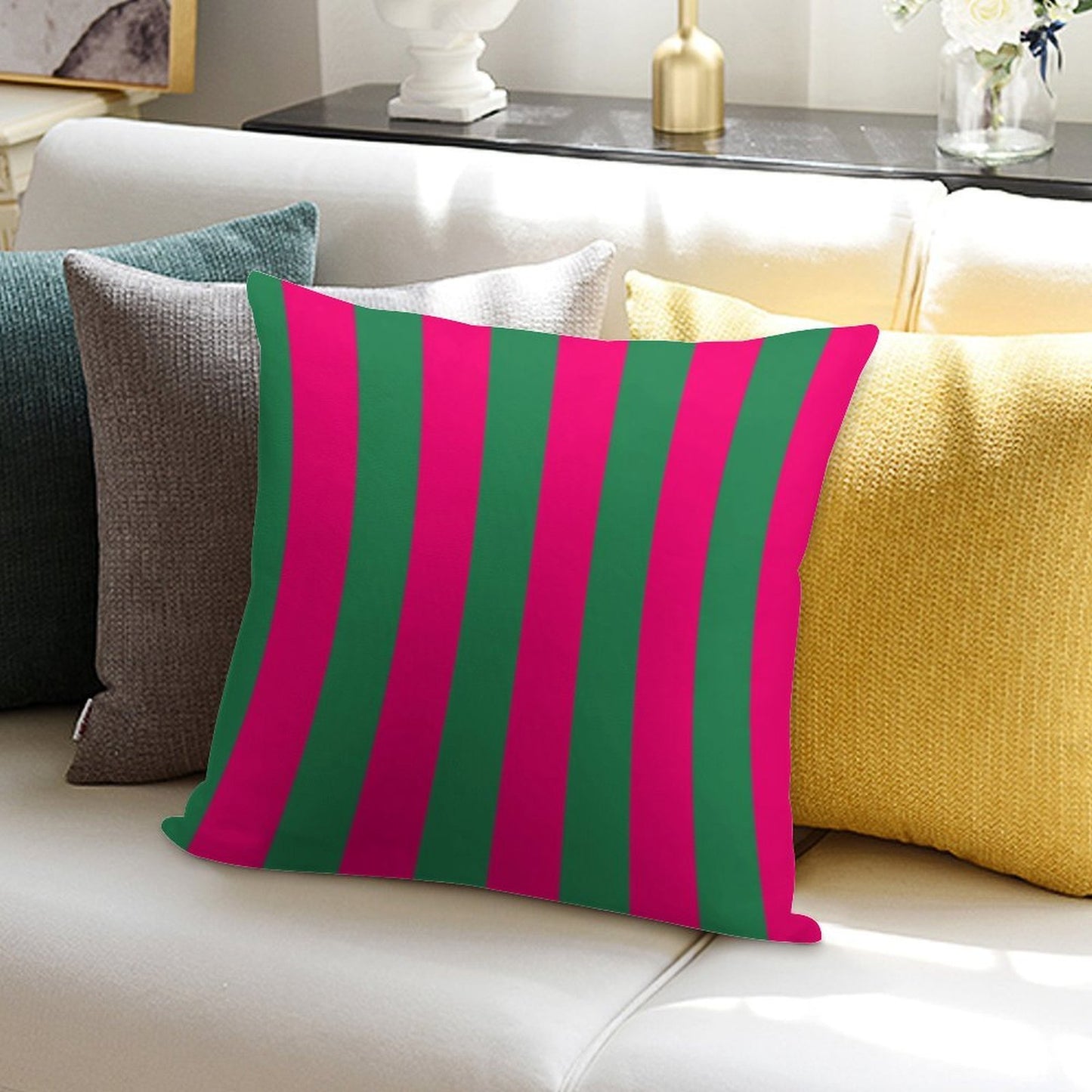 Pink And Green Stripes Soft Easy Maintenance Throw Pillow