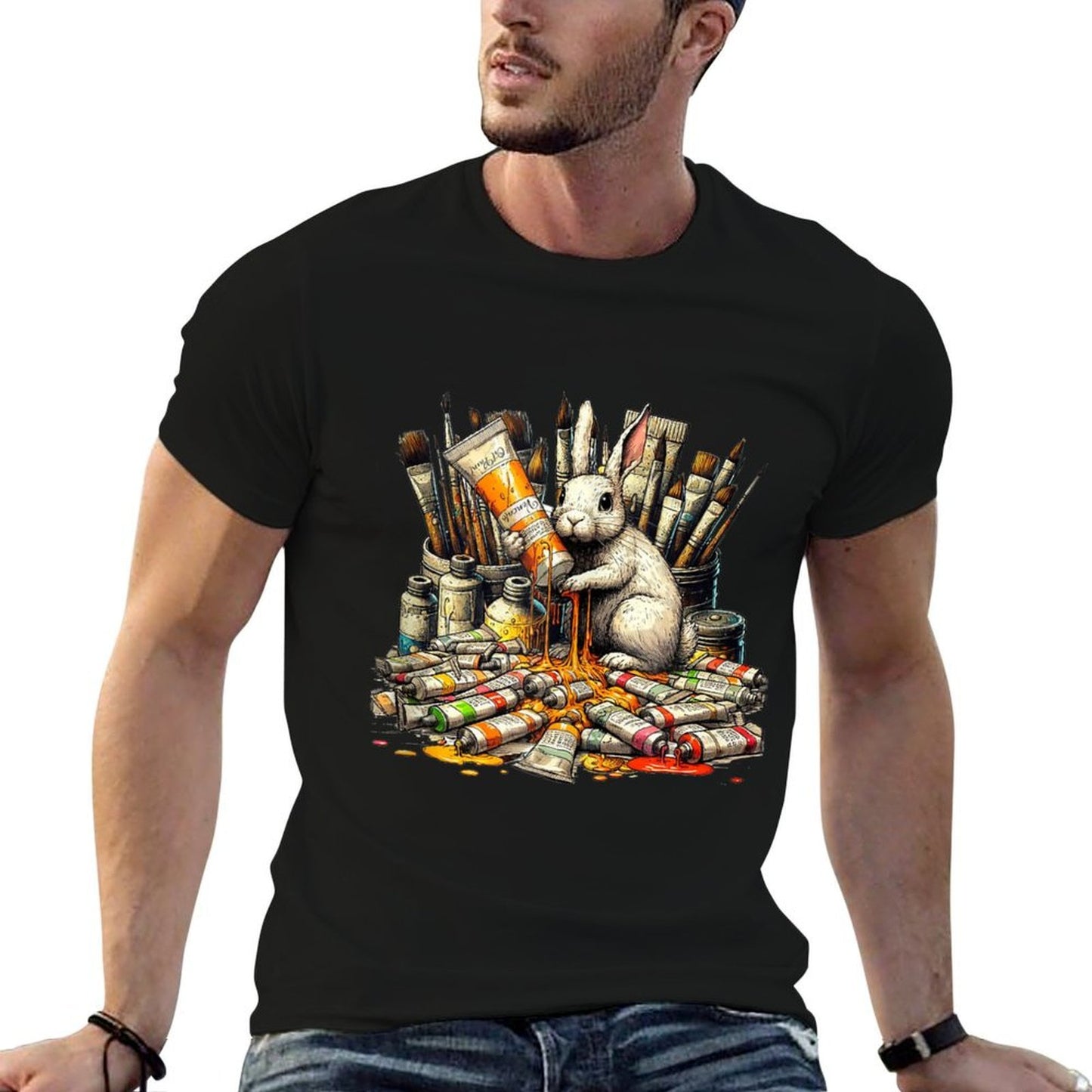 Rabbit And Oil Paint Design For Painters And Artists  Quick-drying T-Shirt