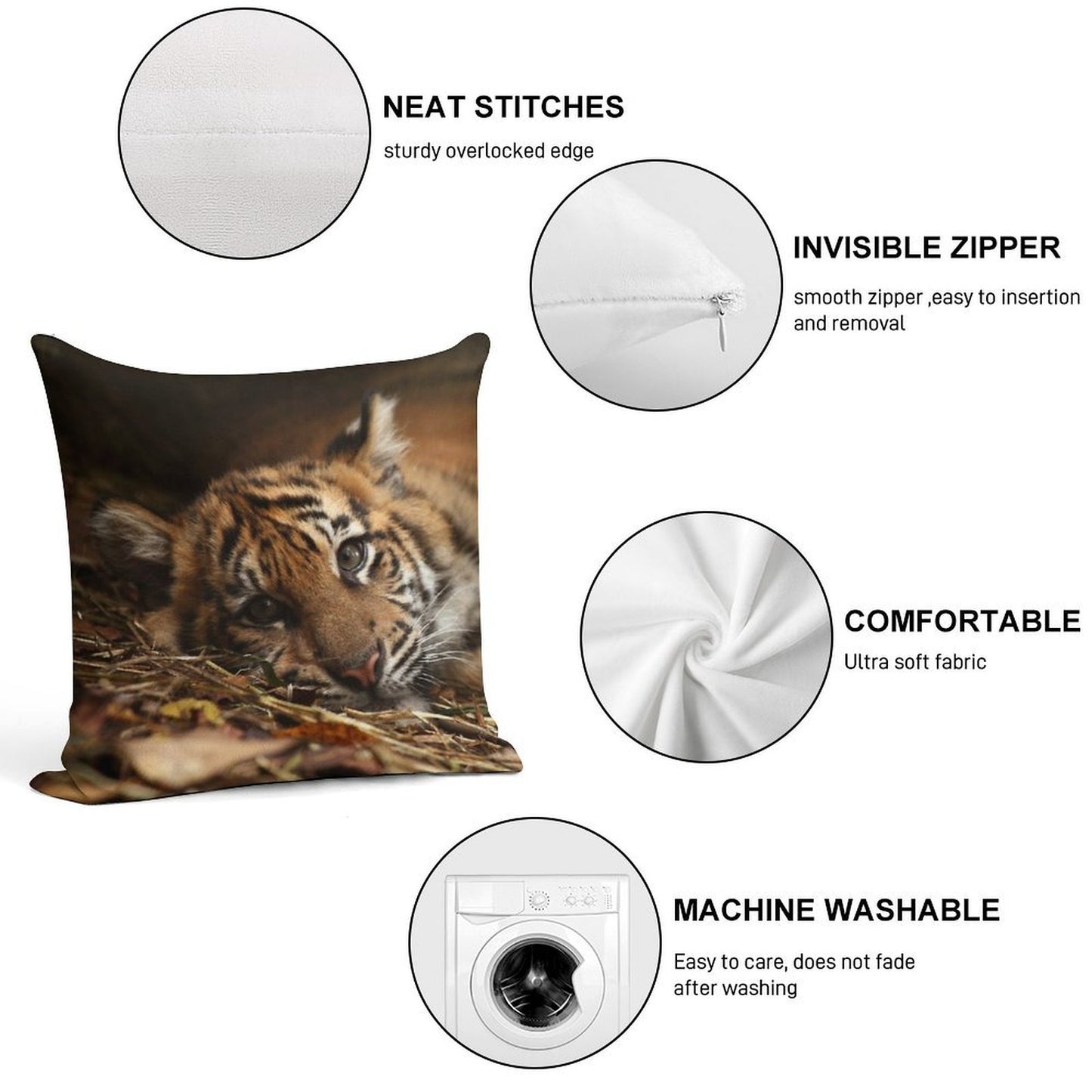 Baby Tiger - Model Soft Short Plush Fabric Throw Pillow