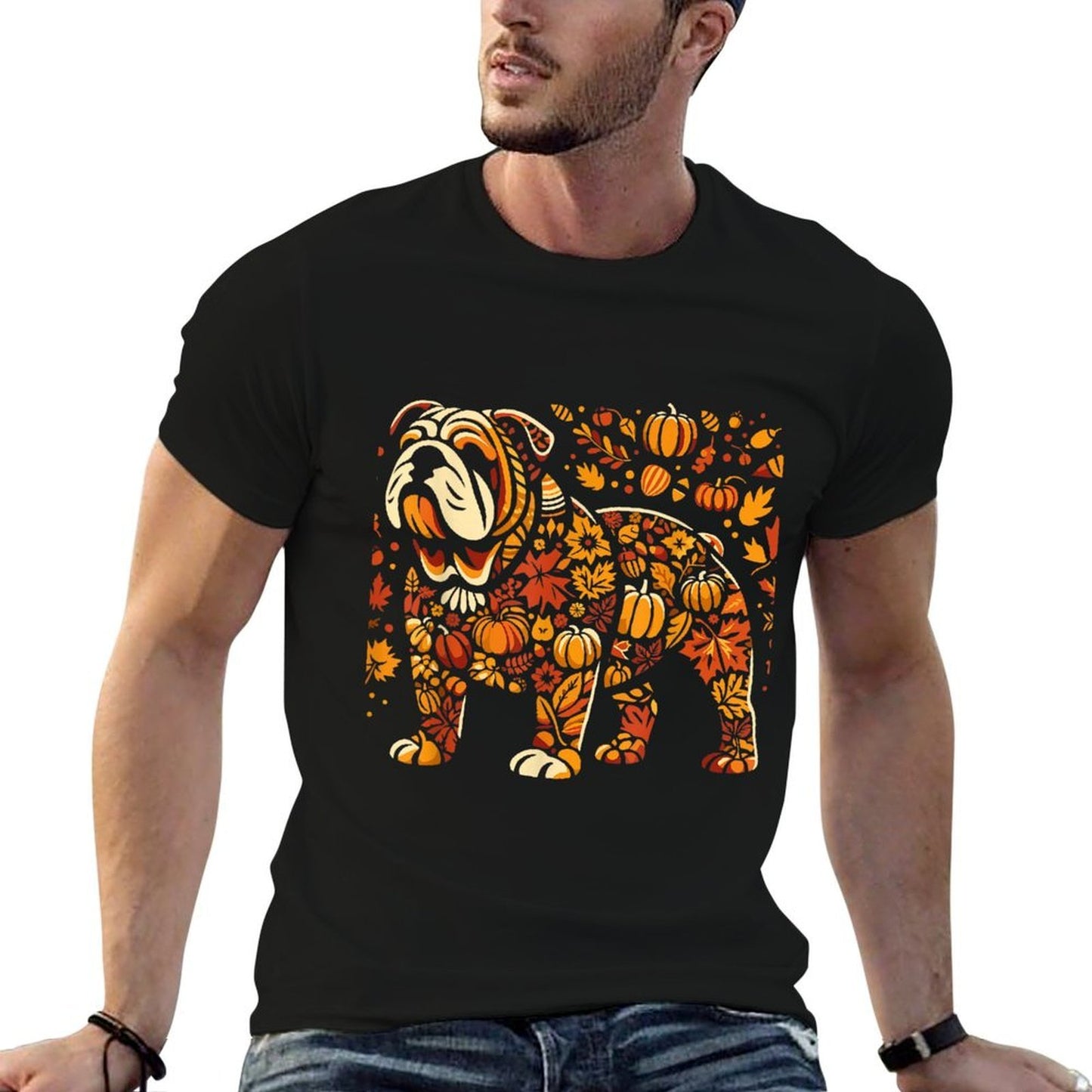 Autumn Pumpkin Fall English Bulldog Thanksgiving Womens Mens  Trendy Pattern T-Shirt