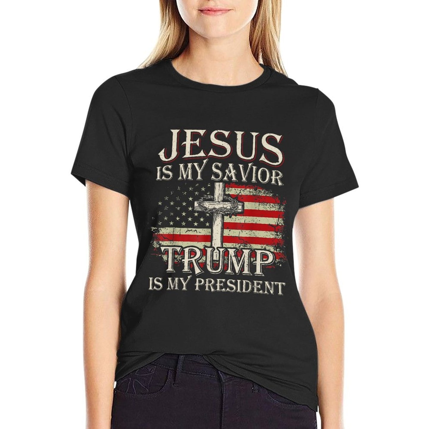 Jesus Is My Savior Trump Is My President American Flag  Trendy Pattern T-Shirt