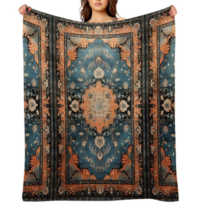 Orange Dark Azure Persian Carpet Machine-washable Throw Blanket