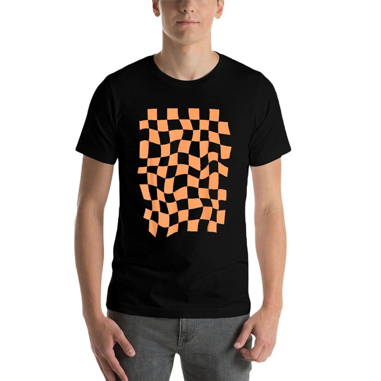 Wavy Checkered Light Orange Checkerboard Pattern  Heathered Texture T-Shirt