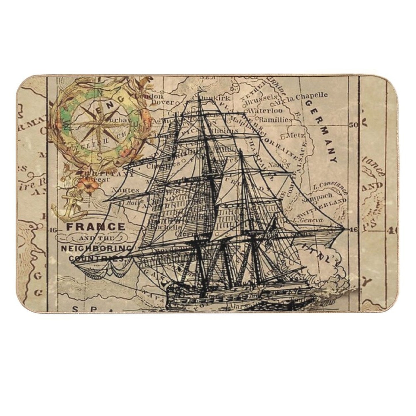 Dark Academia Vintage Pirate Ship Sailor Antique World Map  Stain-Proof Bath Mat