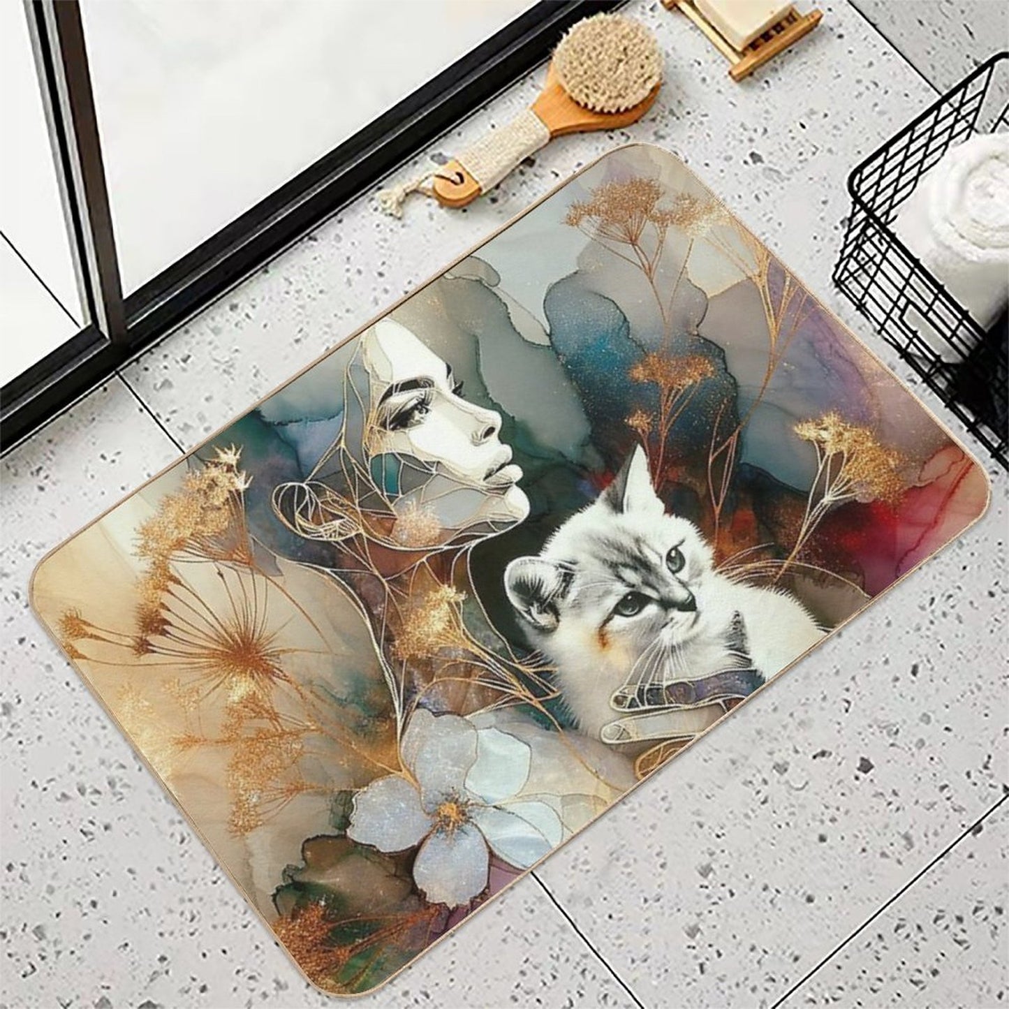 Golden Line Art Woman with Cat – Abstract Watercolor Elegance  Multi-Purpose Bath Mat