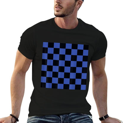 Checkered Black Blue Checkerboard Pattern  Ribbed Collar T-Shirt