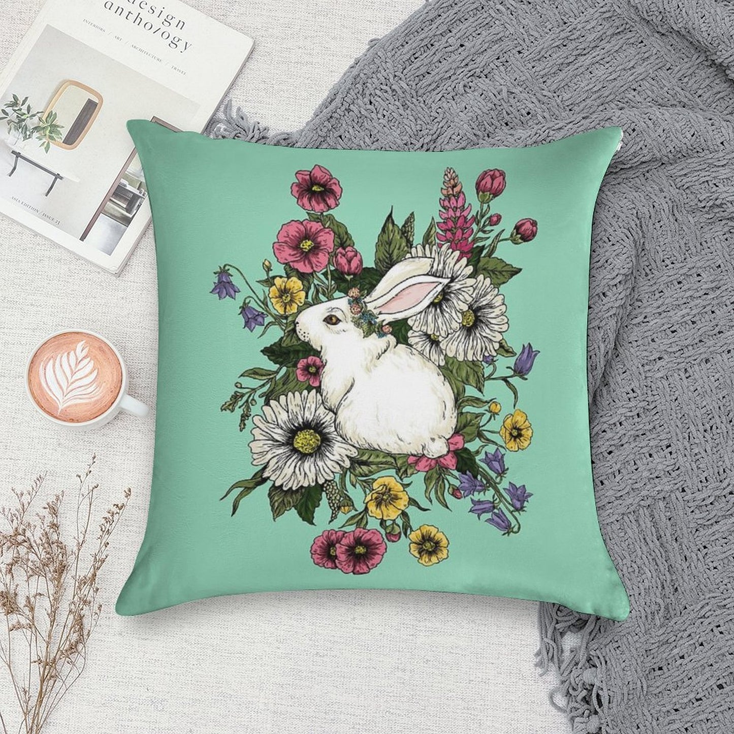 Rabbit in Flowers Soft Ultra-Soft Texture Throw Pillow