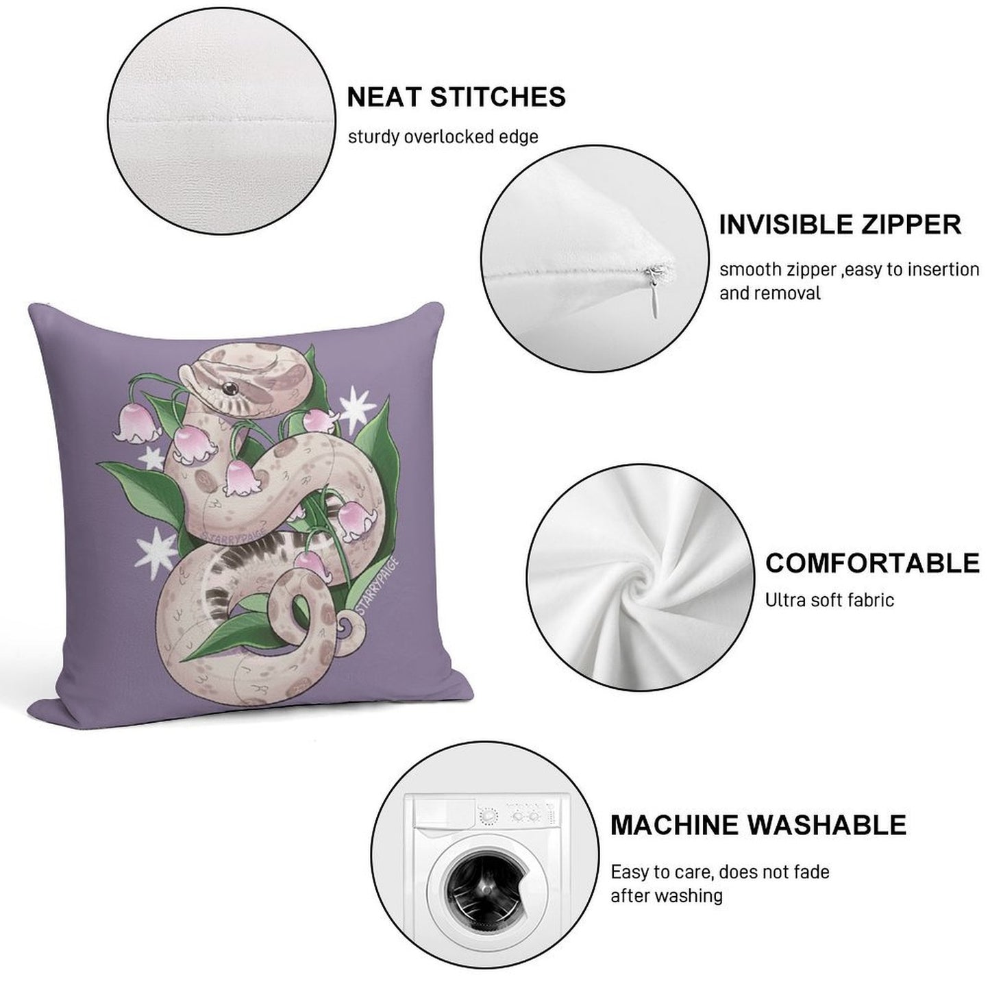 Lavender Hognose Snake with Lily of The Valley Soft Hidden Zipper Throw Pillow