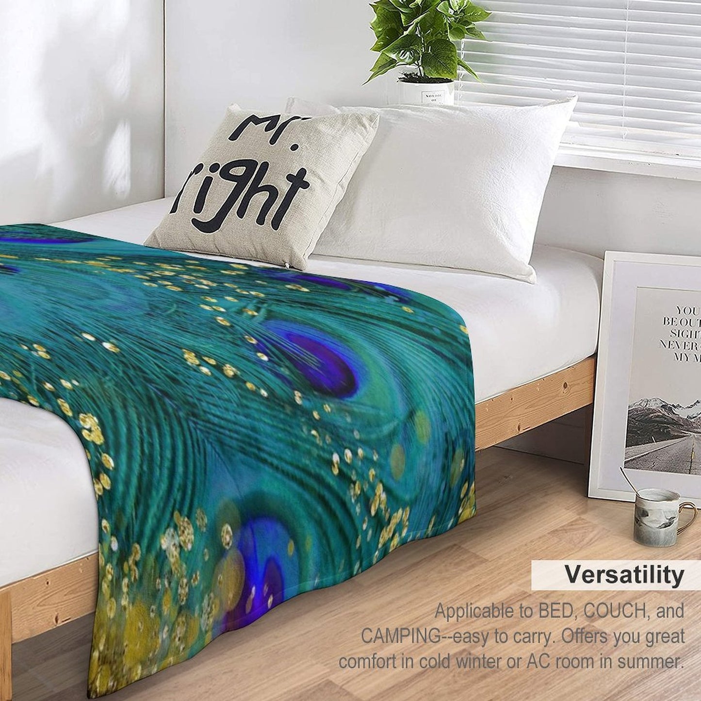 Dreamy Peacock Feathers, Teal And Purple, Glimmering Gold Travel-friendly Throw Blanket