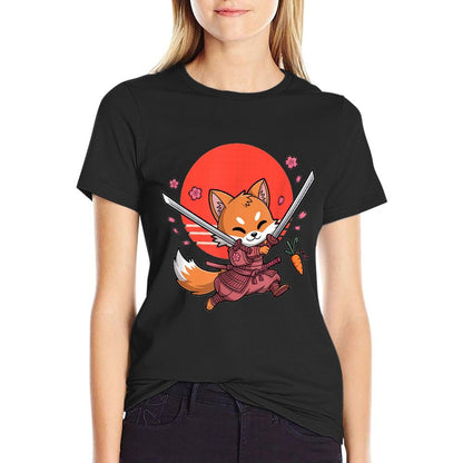 Kawaii Samurai Fox with Swords And Sakura Blossoms  High-quality Stitching T-Shirt