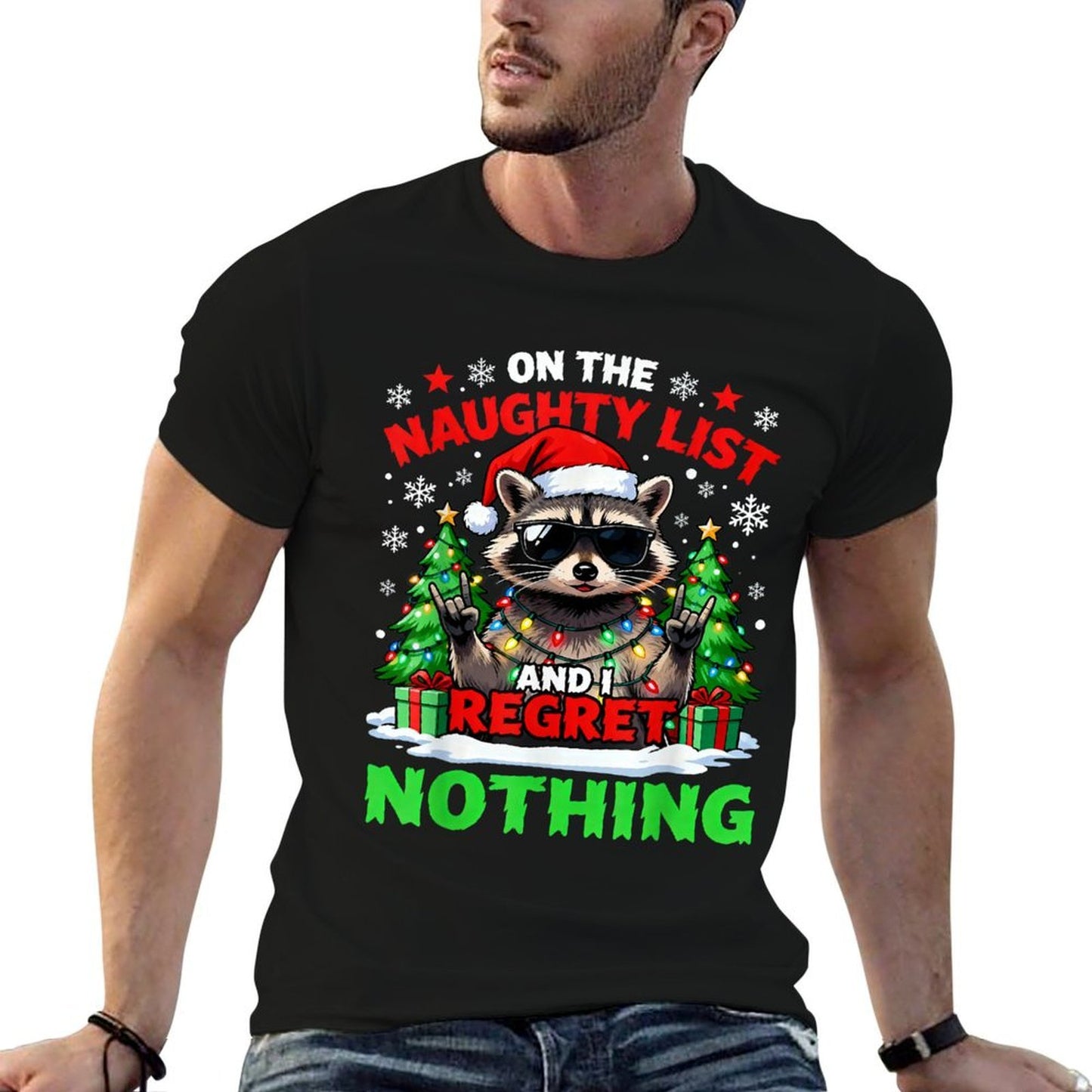 Raccoon Funny I Regret Nothing On The Naughty List Christmas  Lightweight T-Shirt